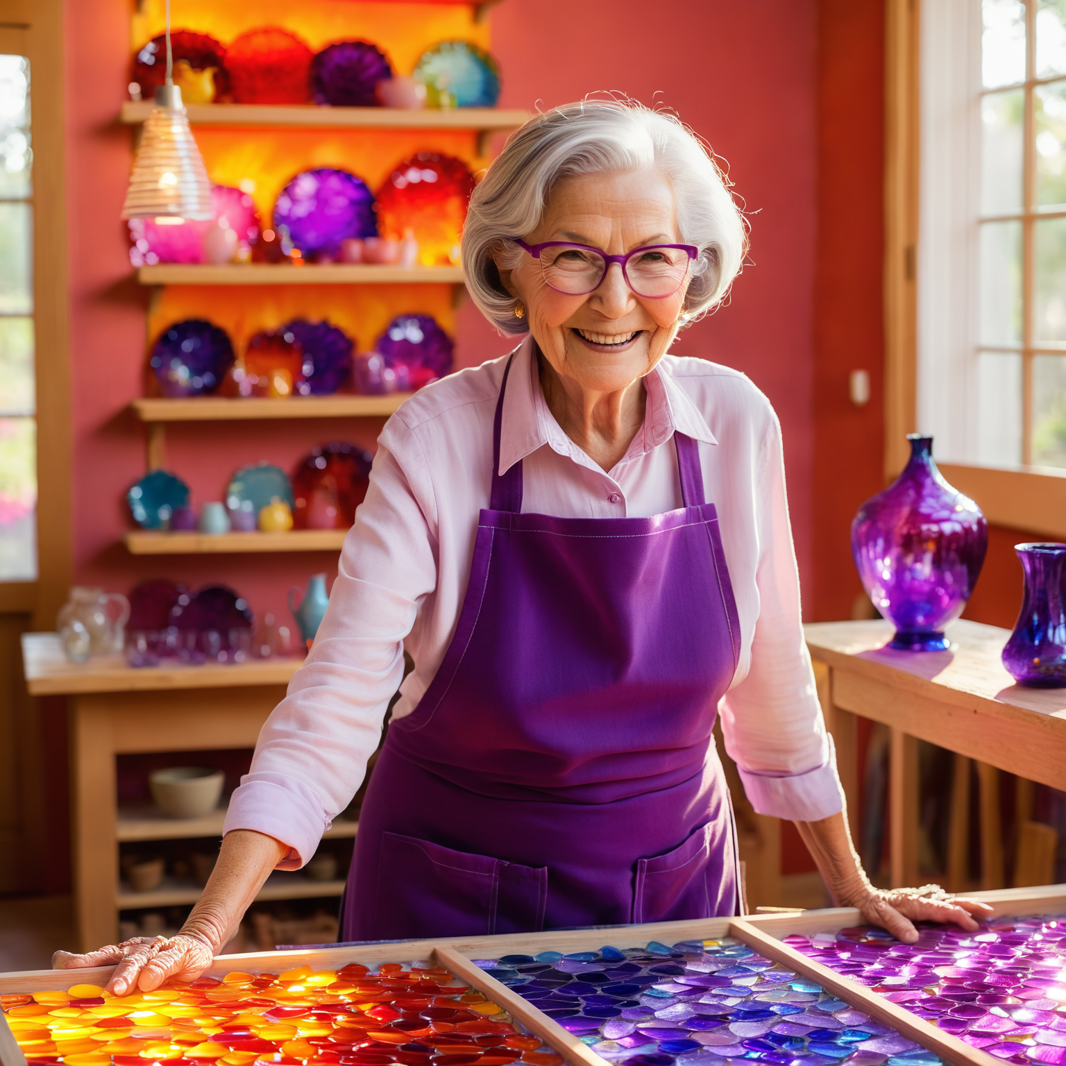 The artist in her studio, working with fused glass