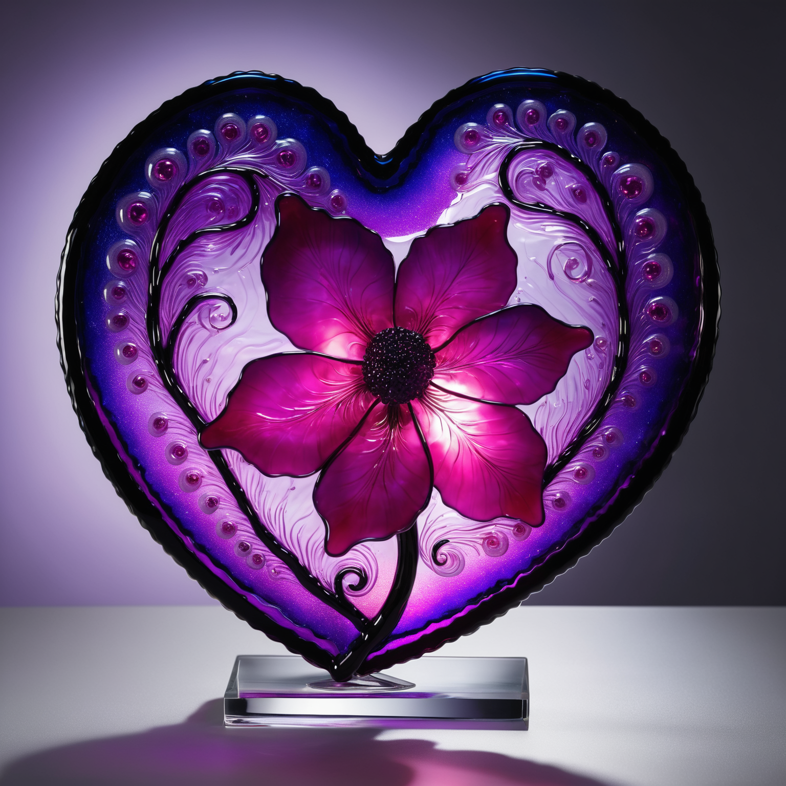 Handcrafted fused glass art piece with deep purple and rose pink swirls